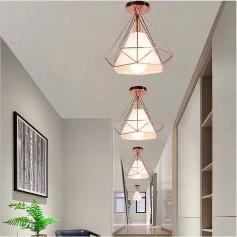 kawoo Lot de 4 Plafonnier en Diamant Cage Rose,E27 Lampe Plafonnier Industrielle Vintage Style Edsin pour Salon Chambre,Rose,25cm (1/4)