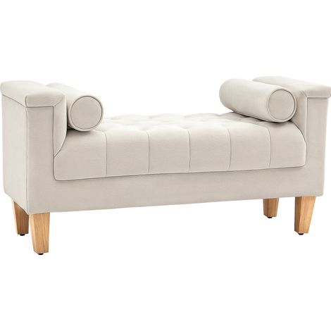 Panca beige in ciniglia con braccioli e cuscini, struttura in legno HOMVRA 115 x 44 x 58 cm (1/5)