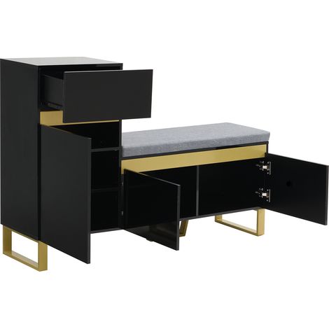 Zapatero de entrada con banco, cajón y puertas, MDF negro, 120 x 35 x 85 cm (1/5)