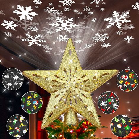 WinPull Lighted Christmas Tree Topper with 6 Pattern Projection Modes, Christmas Tree Topper Decorations Built-in LED Projection Light, 3D Glitter Projector for Christmas Decorations (Gold) (1/5)