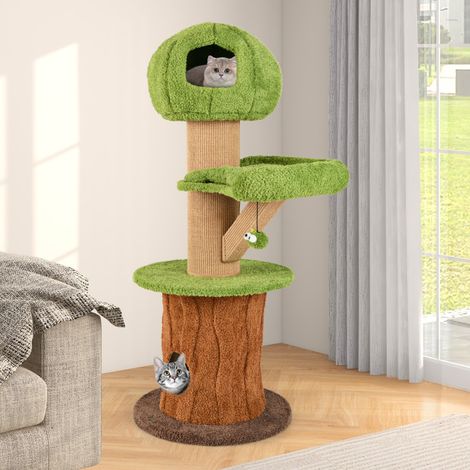 Arbre à Chat en Forme de Champignon 148cm pour Chats d’Intérieur 2 Adorables Condos Perchoir en Peluche Balles Poteaux en Sisal Vert (1/5)