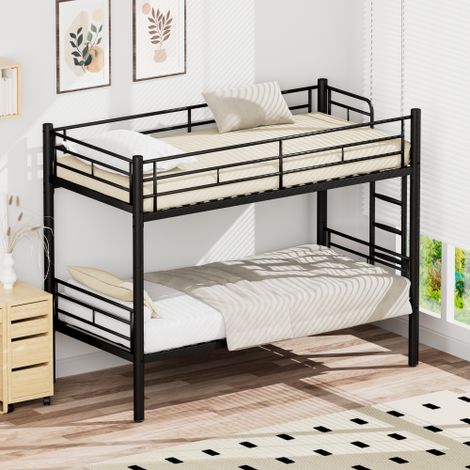 Lit superposé enfant 90 x 200 cm (avec barrières de sécurité) – Convertible en deux lits simples – Comprend un sommier à lattes et une échelle antidérapante – Noir (1/5)