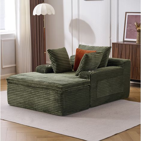 Boden-Schlafsofa ohne Gestell mit Chaiselongue aus grünem Cord OKWISH (1/5)