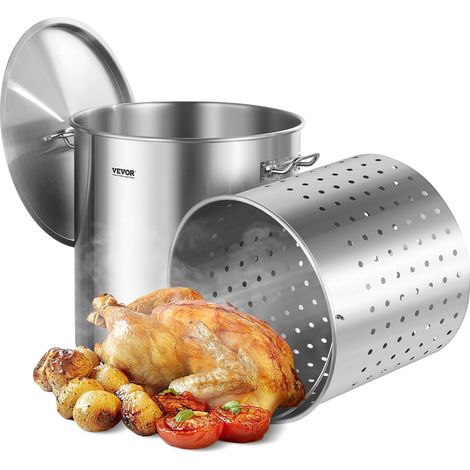 Marmite en Acier Inoxydable 79,5 L avec Panier, Couvercle et Poignée, Faitout de Qualité Commerciale, Pot de Cuisson avec Traitement de Ponçage, Marmite Traiteur pour Grands Événements, Argent (1/5)