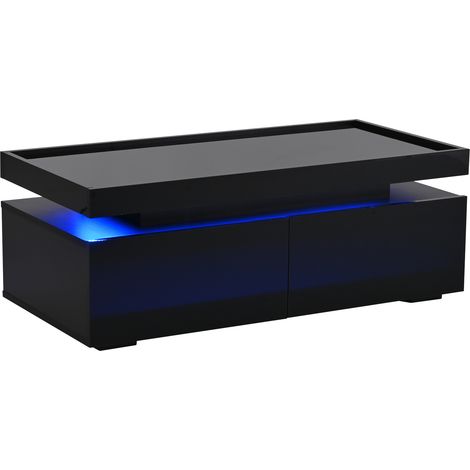 Schwarzer Hochglanz-Couchtisch 95 x 45 x 35 cm mit 2 Schubladen und LED (1/4)