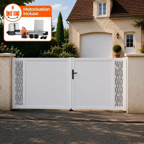 Portail battant électrique PVC blanc H140 x L300 ARLES DÉCOR RECTANGLES (1/5)