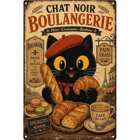 Plaque Metal Vintage, Tableau Decoration Murale Chat Noir - 20x30cm (1/5)