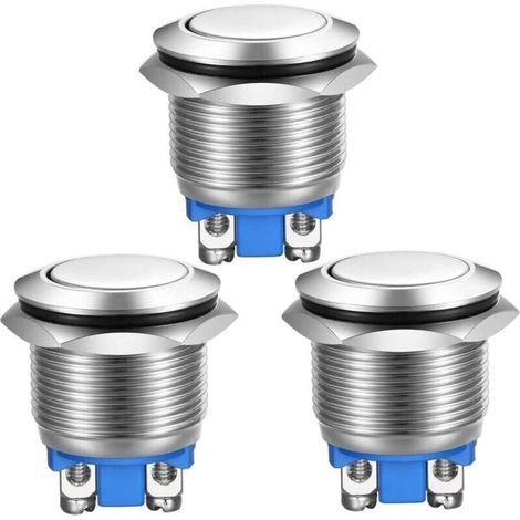 3pcs Bouton Poussoir Momentané Bornes à vis en Acier Inoxydable Bouton étanche à l'eau 19mm 2A 12V/24V/125V/250V(Tête Plate) (1/5)
