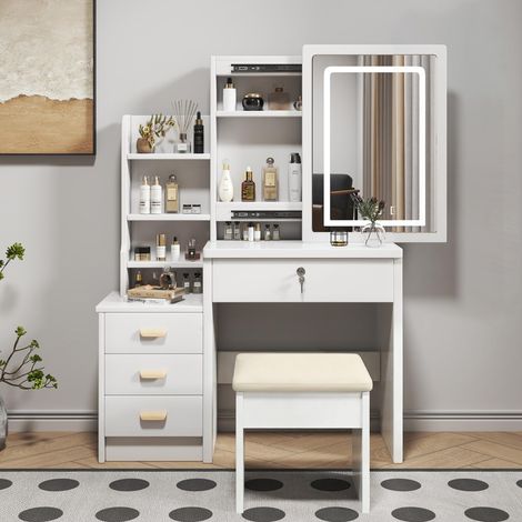 Tocad Mueble maquillaje Espejo LED 3 modos Espacio almacenaje MDF 85x36x130cm color blanco (1/5)