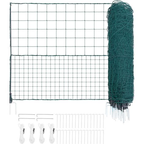 Mophorn Valla para pollos y perros, 1,05 m x 50 m, malla protectora para jardines y huertos, incluye postes y estacas de doble punta, red de densidad mixta, ideal para animales y plantas, color verde (1/5)