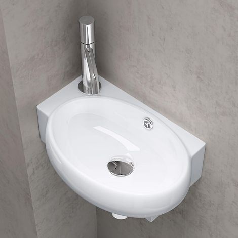 Doporro – Lavabo vasque à monter au mur – Lave mains à poser blanc – Céramique avec effet lotus – Dimensions 42x28x15cm – Écartement 240mm - Bruxelles001R (1/5)