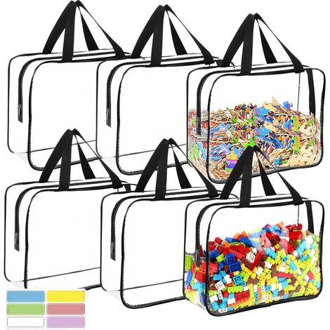 Grands sacs de rangement pour jouets réutilisables, transparents, à fermeture éclair et imperméables (lot de 6, avec étiquette) (1/5)