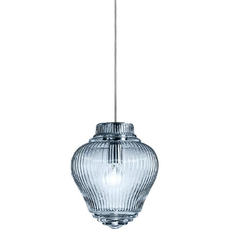 Clyde Lampada a sospensione artigianale in vetro soffiato bluino con finitura rigadin, struttura in metallo grigio, diametro 23 cm, altezza 315 cm