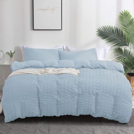Parure de lit Seersucker 155x220cm Bleu Respirant Rafraîchissant avec 2 taies d'oreiller