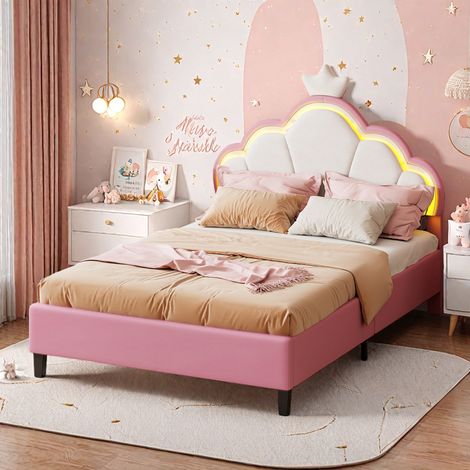 Lit Enfant Fille 140x200cm,Lit Princesse en Forme de Couronne,Lit Adolescente Fille avec Sommier, Lit Couronne Princesse avec LED,Velour, Rose+Blanc