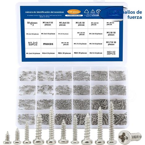 (Argent) Jeu de 1100 vis à tête ronde M1.2 M1.4 M1.5 M1.7 M2 Mini (1/5)