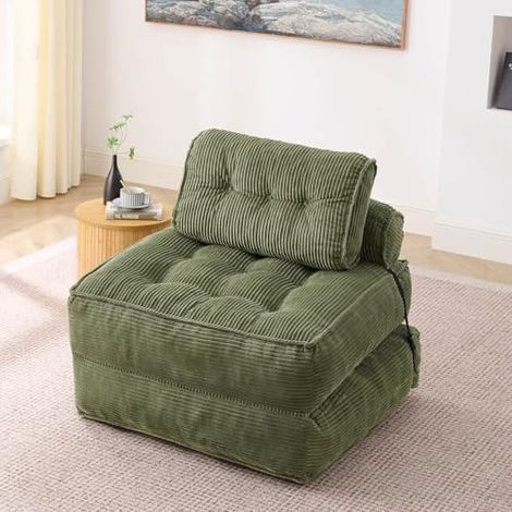 Fauteuil Convertible 2-en-1 en Velours Côtelé Vert, Canapé Pliant avec Dossier Réglable, Lit d'Appoint Confortable pour Salon, Chambre ou Studio (1/5)