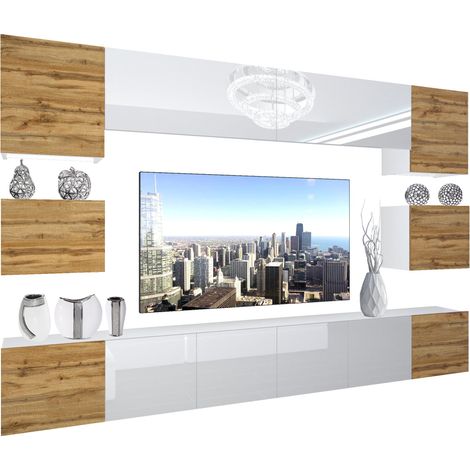 BELINI - Unité Murale TV NEX I Ensemble Muebles de Salon Complet I Ensemble Meuble TV avec Illumination LED I Dimensions: 300 x 180 x 36 cm I Coleur: chêne wotan/Blanc très Brillant