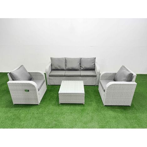Fimous PE Rattan Garden Furniture Set Reclining Chair Sofa Lounge Sofa Set Square Coffee Table Light Grey (1/4)