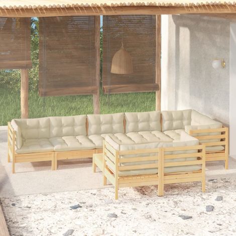 Salon de jardin 9 pcs,Mobilier de terrasse,Table et Chaise pour Relax avec coussins crème Bois de pin massif -YZ932213 (1/5)