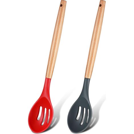 Cuillère En Silicone - Manche En Bois - 31 5 Cm - Antiadhésive - Ajourée - Résistante À La Chaleur Jusqu'à 250 °C - Pour Cuisine Et Pâtisserie - Lot De 2 (1/5)