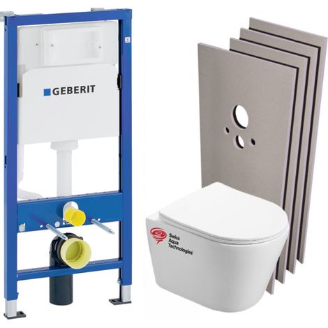 Pack WC suspendu sans bride – Bâti-support Geberit UP100 – Cuvette céramique Swiss Aqua Technologies – Abattant frein de chute – Plaque chrome