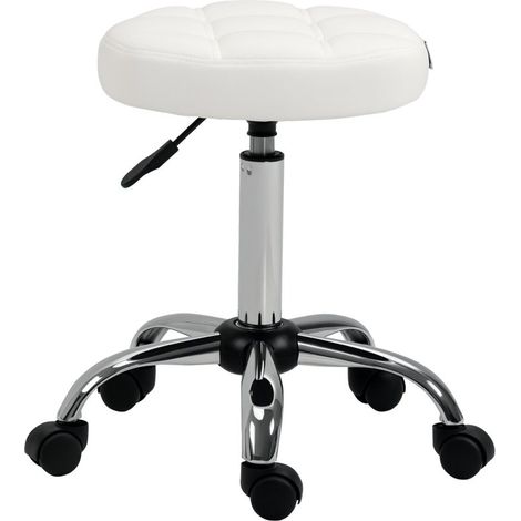 Tabouret pivotant de salon réglable en hauteur, revêtement simili cuir avec design matelassé, Ø35,5 cm, hauteur 48-63 cm, blanc et argent (1/5)