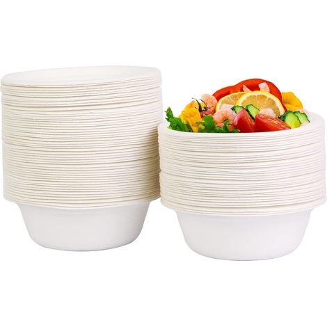 Vaisselle Jetable Bol Jetable 120 Pièces Bols Jetables 350ML Écologique Saladier Soupe Dessert Compostable Blanc en Sugarcane Bagasse Bols Jetables (1/5)