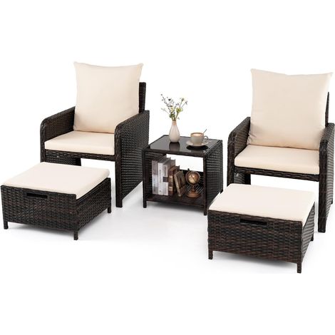 COSTWAY Salotto Giardino Esterno Salottino Set Mobili Rattan Divanetti Conversazione 5 Pezzi Arredo Patio Poltrone Tavolino Caffè Vetro Temperato 2 Ripiani Po (1/5)