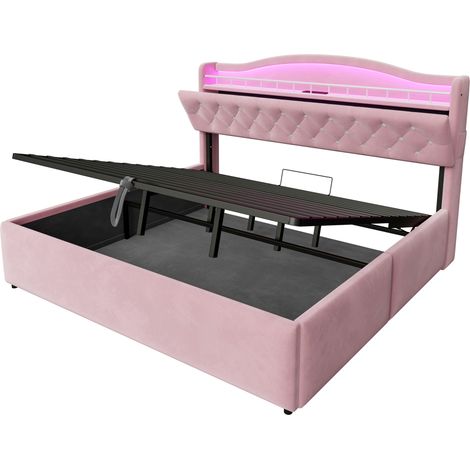 Letto contenitore imbottito 180 x 200 cm in velluto rosa con LED, USB e USB-C (1/5)