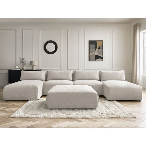 BOBOCHIC - Canapé panoramique fixe modulable avec têtières JANA tissu texturé avec 2 méridiennes, 2 chauffeuses et 1 grand pouf   Beige (1/5)