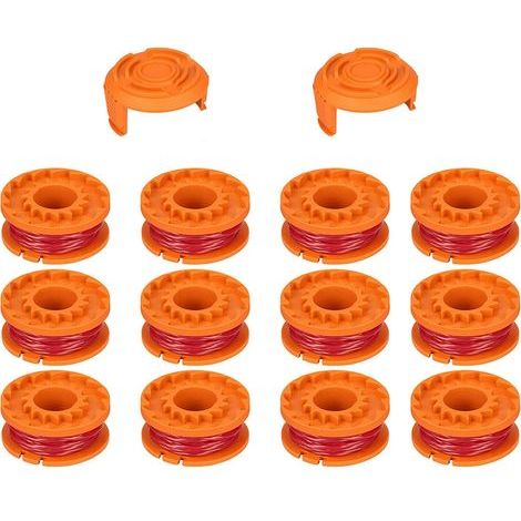 Carrete de hilo para desbrozadora, 12 piezas, carretes de hilo de repuesto de 1,65 mm + 2 tapas protectoras para WORX WA0010, tapa de alimentación automática para desbrozadora (1/5)