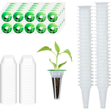 Juego de cápsulas de semillas para jardinería aeropónica: 50 recipientes + tapas transparentes + etiquetas opcionalmente con lana de siembra compatible con sistemas hidropónicos multicolores. (1/5)