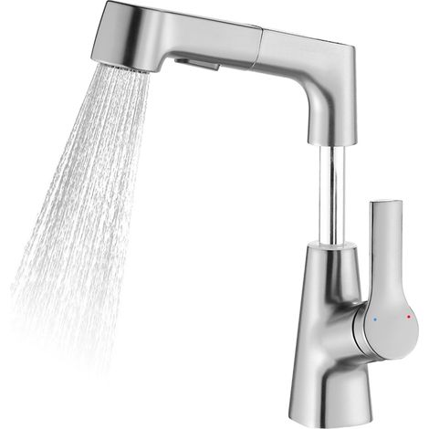 Drehbarer und höhenverstellbarer Küchenhahn mit ausziehbarem Brausekopf, 360-Grad-Schwenkfunktion, Warm-/Kaltwassermischer mit 2 Wasserauslassmodi.