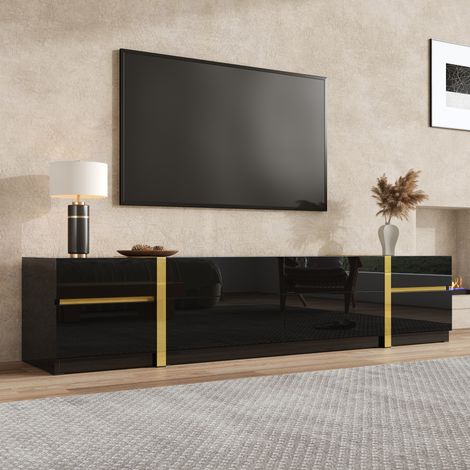 Meuble TV avec 4 Tiroirs et 2 Portes, Finition Brillante, Détails Dorés, Salon, en MDF, Noir, 180 x 40 x 38 cm (1/5)