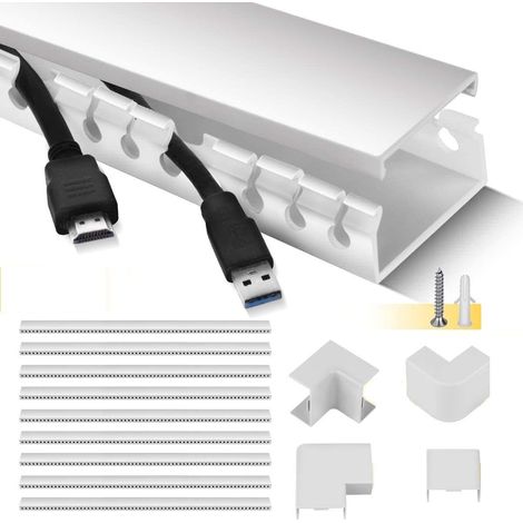 Conduit de Câbles, 9 pièces Cache Câble Goulotte PVC Auto-adhésif, 3.5M Goulotte Passe Câble, Panneau de Gestion de câbles, Guide-câbles avec Conduit encoché, Organisateur pour câbles, Blanc (1/5)