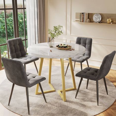 Set de table à manger rond 80 cm avec 4 chaises, table moderne avec pieds en métal doré, plateau mdf blanc. (1/5)