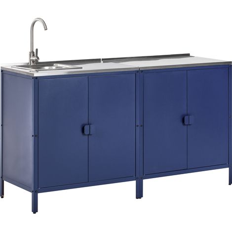 Conjunto de 2 armarios de cocina exterior de acero inoxidable con fregadero caño monomando azul Vilama (1/5)