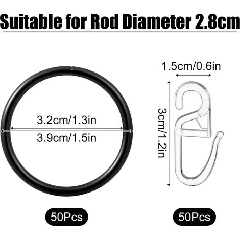50 anneaux métalliques + 50 crochets, pour rideaux de douche, diamètre 32 mm, noir. (1/5)