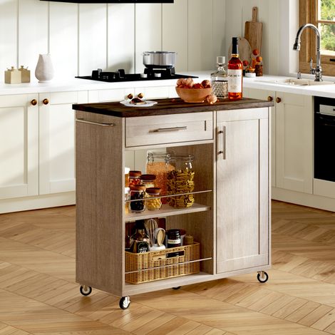 Desserte de cuisine avec plan de travail imitation bois, chariot de cuisine à roulettes avec tiroir, placard et étagères ouvertes, îlot de cuisine mobile avec porte-serviettes et roulettes verrouillab (1/5)