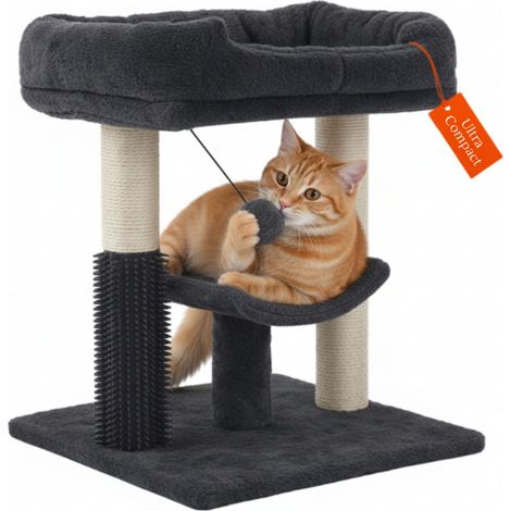 Arbre à chat compact avec balles de jeu, griffoirs en sisal et lit douillet, arbre à chat pour chats d'appartement, centre d'activités et arbre à grimper (gris foncé) (1/5)