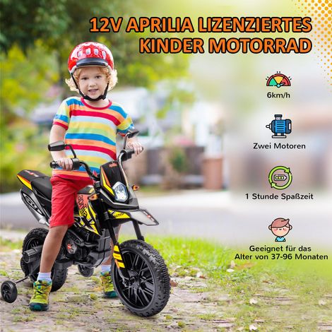 Moto électrique 12V enfant avec roulettes stabilisatrices, feux LED, musique, port USB, couleur jaune, pour garçons et filles (1/4)