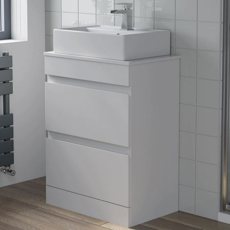Countertop Vanity Unit & Basin Floor Standing Bathroom Furniture Drawer White Gloss 600mm with 505mm Rectangular Basin (1/5)