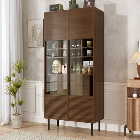 Vitrine en Bois Noyer 164,5 cm avec Portes en Verre, Étagères Multiples et Tiroirs Cachés – Solution de Rangement pour Salle de Bain, Salon ou Bureau (1/5)