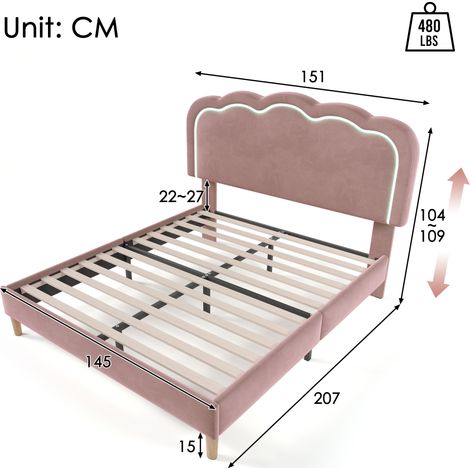 Cadre de lit capitonné velours rose avec éclairage LED intégré, lit double 140x200 cm, sommier à lattes réglable, tête de lit ajustable, literie élégante pour chambre ado ou invités (1/5)