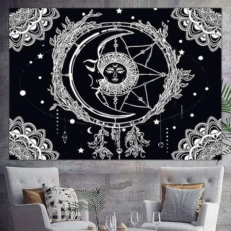 Soleil et Lune Tenture Murale Psychedelique Tapisserie, Drap Mural Mandala Wall Tapestry Aesthetic Tarot Psychedelic Tapis Mural Tissu Art Decoration pour Chambre Salon, 200x150 cm (Noir ) (1/4)