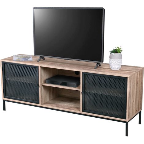 Mobile TV in legno con griglia in metallo nero - 2 vani, dimensioni 150x40xH60 cm - Collezione METALIX