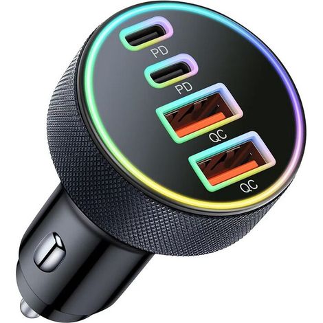 Cargador de coche USB-C, adaptador de cargador de coche dual USB-C y USB-A de 4 puertos y 90 W con adaptador de carga rápida Multi-PD/QC.
