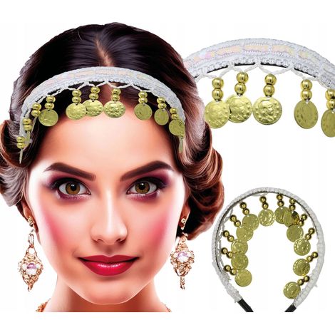 Diadema de adivinación gitana árabe blanca con monedas de oro Carnaval (1/4)