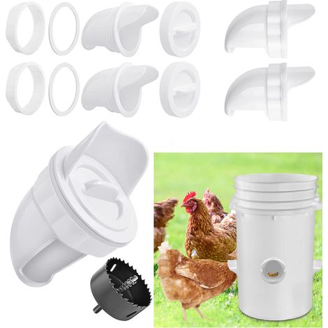 Mangeoire Poules Plastique Mangeoire Poules Automatique, 4 Ports DIY Mangeoire à Poulet Kit [Anti-Gaspillage] [Anti Nuisible] Abreuvoir a Poules Mangeoire Poussin pour Seaux Tonneaux Bacs